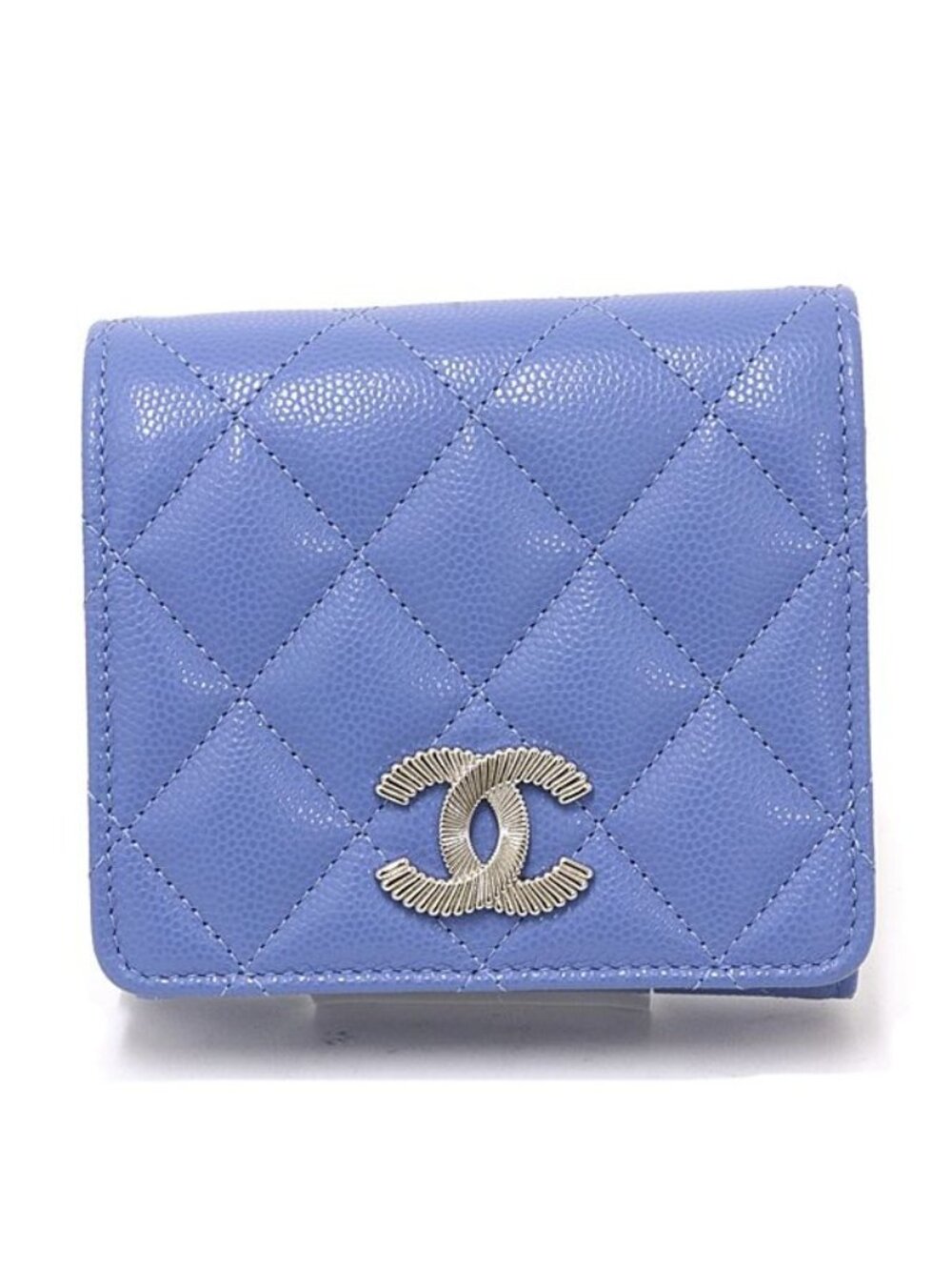 Chanel Flap Wallet Tri Foldwallet Quilted CC Logo Caviar Leather Blue Silver